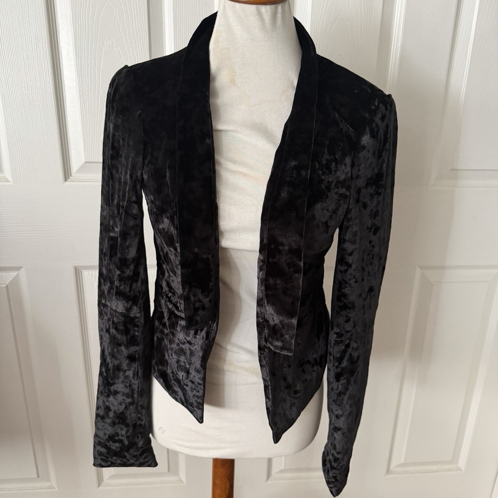 Decree Blazer Womens M Black Crushed Velvety Velour Open Front Cropped Jacket
